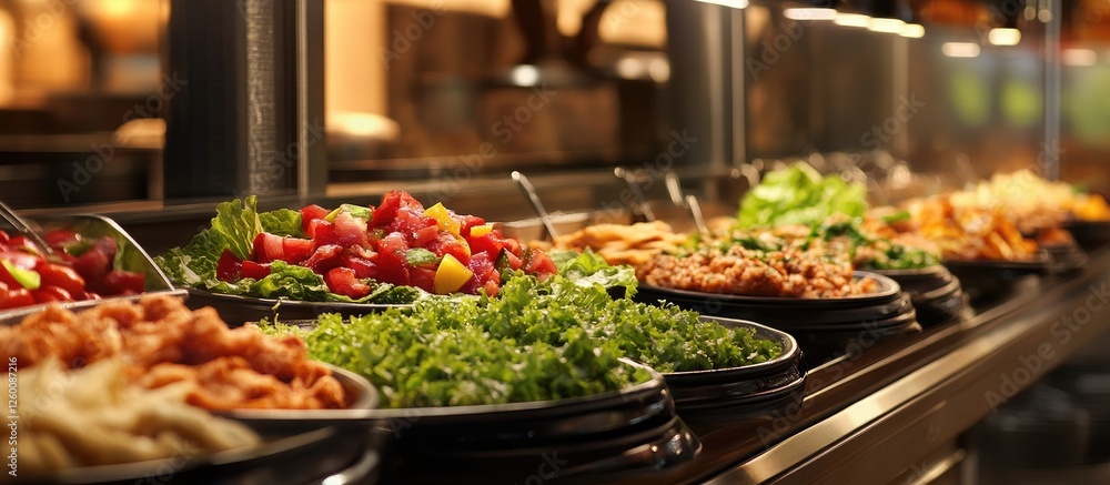 Buffet display featuring vibrant fresh lettuce and colorful vegetable options with golden breaded meat cutlets creating a satisfying meal arrangement. Buffet display featuring vibrant fresh lettuce and colorful vegetable options with golden breaded meat cutlets creating a satisfying meal arrangement.