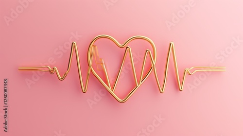 Stylish gold heartbeat forming a heart against a soft pink background, merging themes of health, love, and minimalism in a sleek design. AI generated.