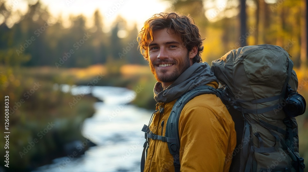 Smiling hiker enjoying stunning sunset scenery by the river during hiking trip Smiling hiker enjoying stunning sunset scenery by the river during hiking trip