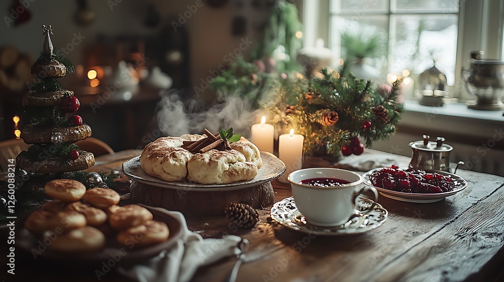 A Nordic Christmas morning, a beautifully arranged breakfast table featuring Ruispuuro with cinnamon and lingonberry jam, a steaming cup of glögi, wooden ornaments, and festive decorations, A Nordic Christmas morning, a beautifully arranged breakfast table featuring Ruispuuro with cinnamon and lingonberry jam, a steaming cup of glögi, wooden ornaments, and festive decorations,