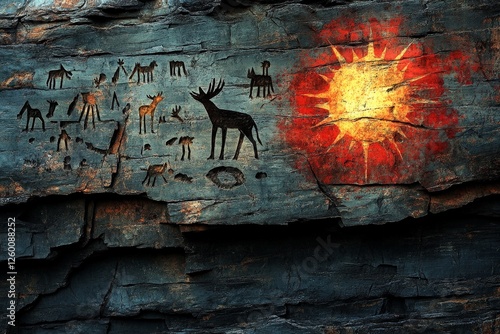 Ancient rock art depicting animals and sun on a cliff face in a remote natural setting photo