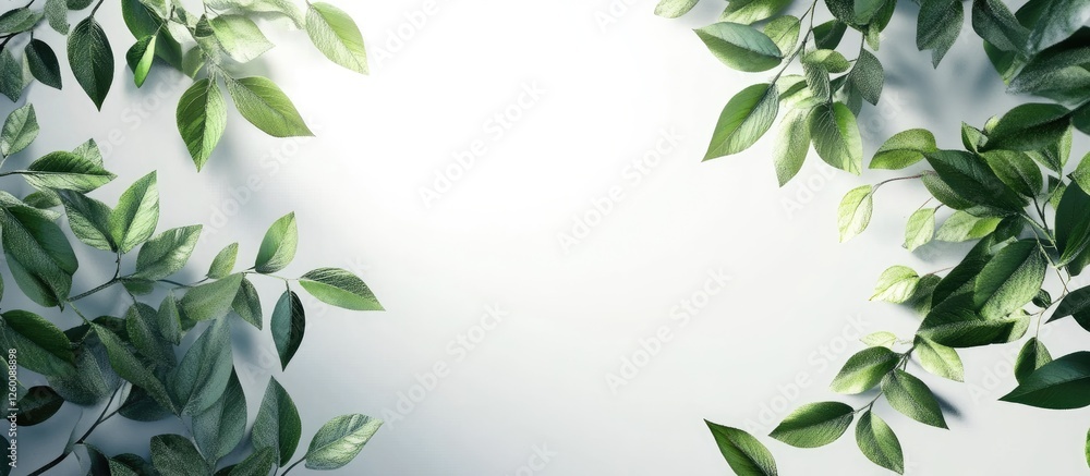 Naklejka premium Lush green tree branches frame a soft white background creating a serene and fresh atmosphere with vibrant leaves positioned at top and bottom edges.