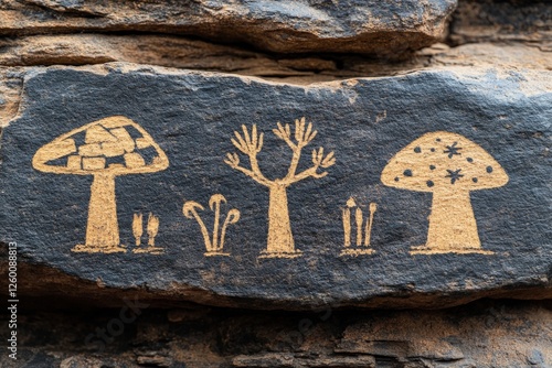 Ancient rock carvings depicting plants and mushrooms in a desert landscape near the canyon at sunset photo