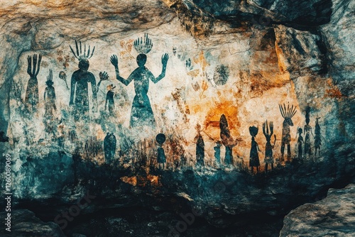 Ancient cave art depicting figures with raised hands and headdresses in a historic location photo