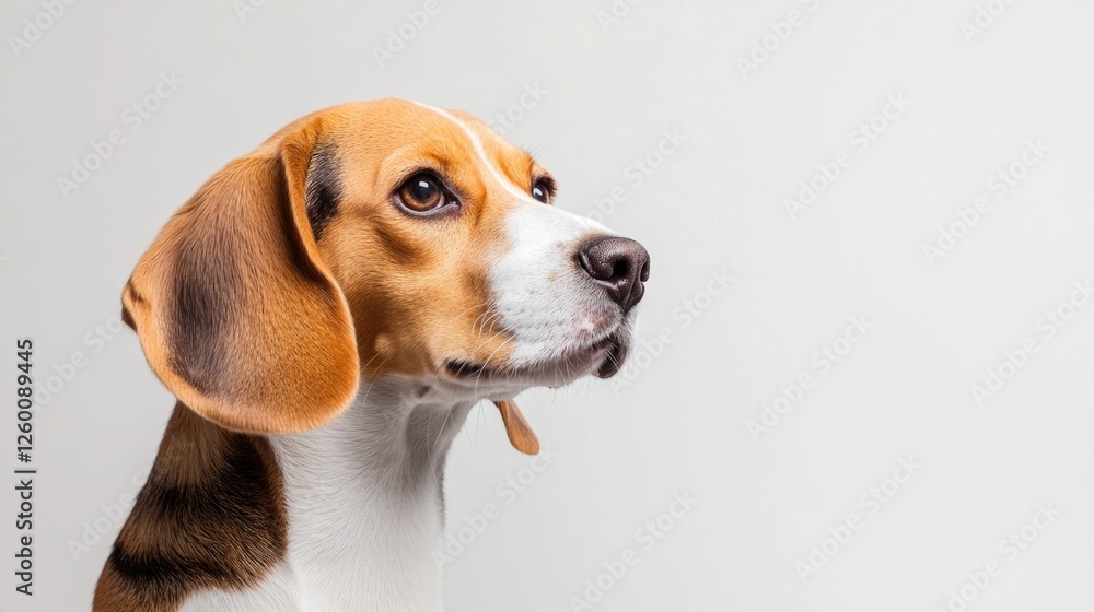Curious beagle gazes thoughtfully against clean, minimalistic ba Curious beagle gazes thoughtfully against clean, minimalistic ba