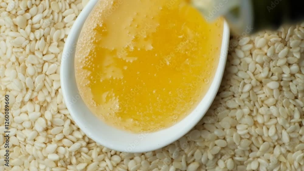 Unrefined sesame oil pouring out of bottle slow motion. Unrefined sesame oil pouring out of bottle slow motion.