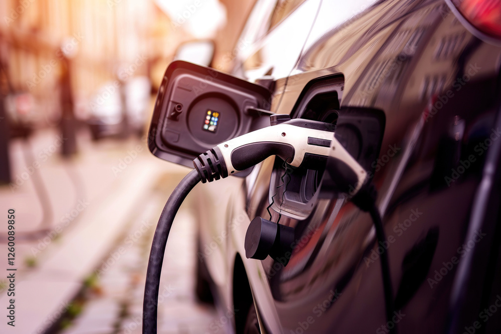 Power source for charging battery of beautiful hybrid electric car on road, abstract vivid composition consists of fictional unreal fantastic vision on background Power source for charging battery of beautiful hybrid electric car on road, abstract vivid composition consists of fictional unreal fantastic vision on background
