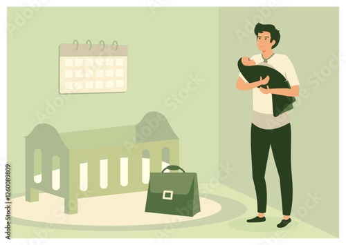Paternity leave. Father Holding Baby Next to a Crib in a Cozy Nursery Setting.