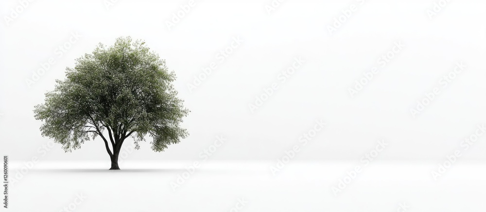 Fototapeta premium Lone green tree on white background slightly right of center with soft shadows creating a serene and minimalistic atmosphere.