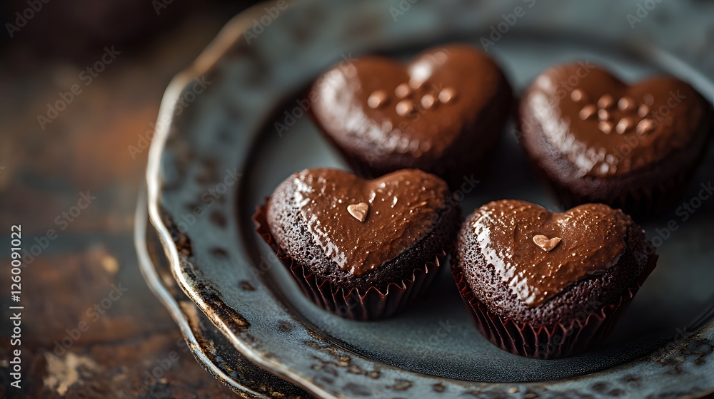 Stunning Display of Rich Chocolate Heart Shaped Cakes Nestled in Charming Paper Cases on Fine China Plate from an Elevated View Stunning Display of Rich Chocolate Heart Shaped Cakes Nestled in Charming Paper Cases on Fine China Plate from an Elevated View