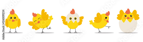 A cute set of funny baby chicks in various poses—some hatching from eggs, some sleeping in eggshells, and others joyfully playing. Perfect for Easter designs, children's illustrations, and decorations