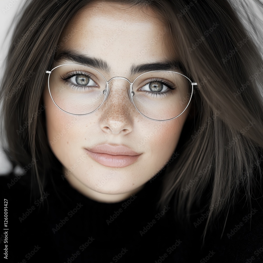 Random woman with glasses posing in a relaxed manner against a neutral background during daylight Random woman with glasses posing in a relaxed manner against a neutral background during daylight