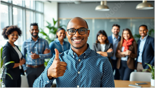 Confident African American man, office environment, thumbs up gesture, glasses, striped shirt, bright smile, diverse team in background, modern workspace, natural lighting, group portrait, professiona photo