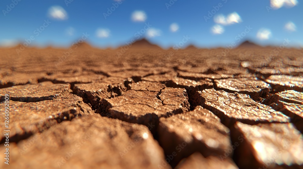 Fototapeta premium Cracked desert ground, distant hills, sunny sky, drought