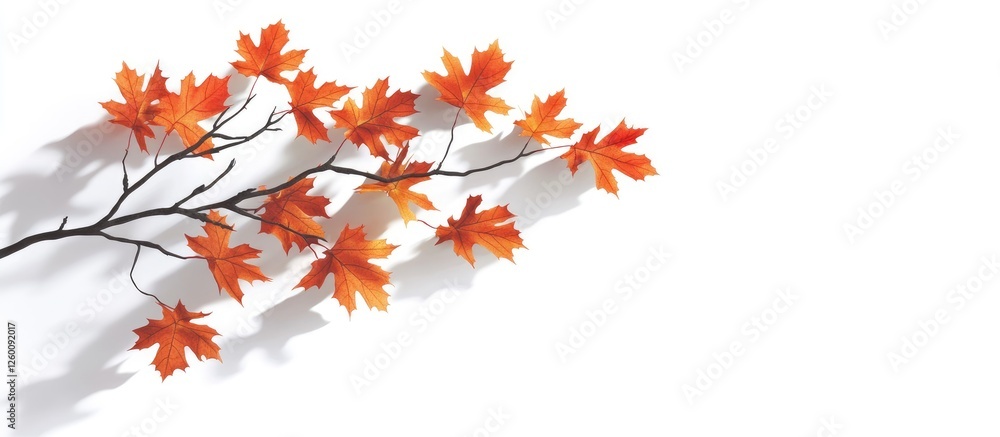 Lush autumn maple branch with vibrant orange leaves casting delicate shadows on bright white background, positioned diagonally for dynamic effect.