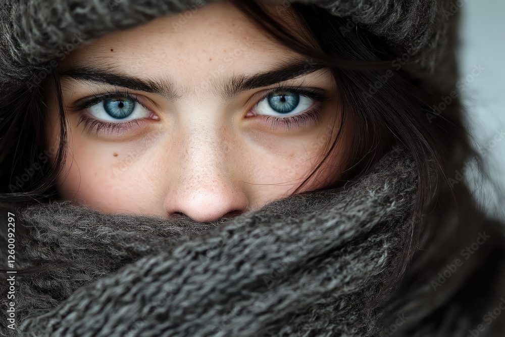 Random woman with striking blue eyes wrapped in a cozy scarf on a chilly day indoors Random woman with striking blue eyes wrapped in a cozy scarf on a chilly day indoors