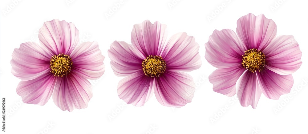 Cosmos flowers in shades of pink with yellow centers arranged horizontally on a white background, creating a serene and vibrant morning scene Cosmos flowers in shades of pink with yellow centers arranged horizontally on a white background, creating a serene and vibrant morning scene
