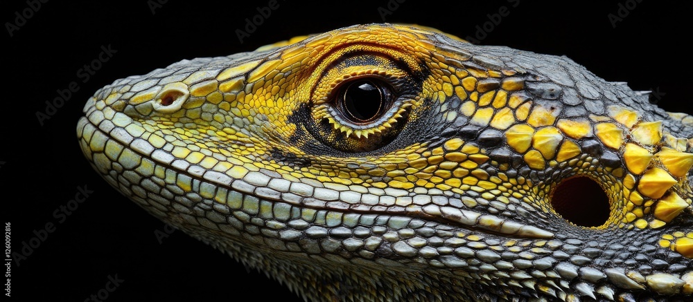 Close up of a colorful lizard's head featuring intricate scales and bright yellow accents against a dark background highlighting its eye. Close up of a colorful lizard's head featuring intricate scales and bright yellow accents against a dark background highlighting its eye.