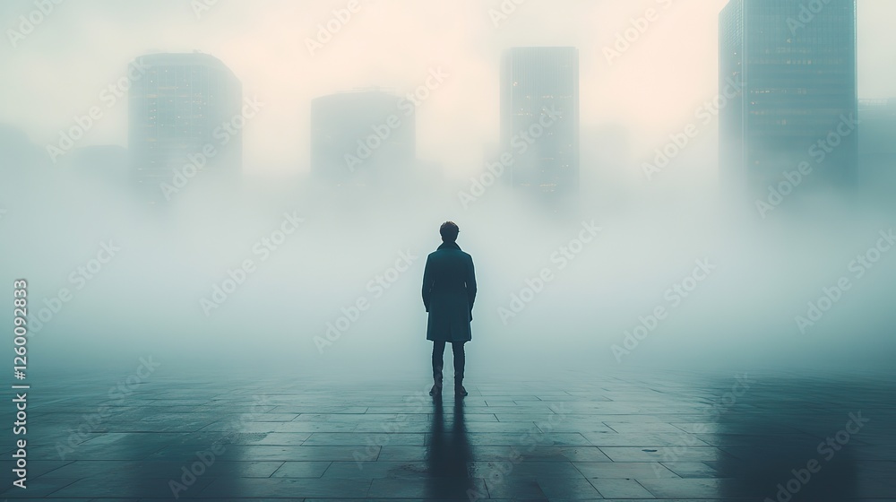 facing my faith businessman looking at abstract pattern on foggy sky facing my faith businessman looking at abstract pattern on foggy sky