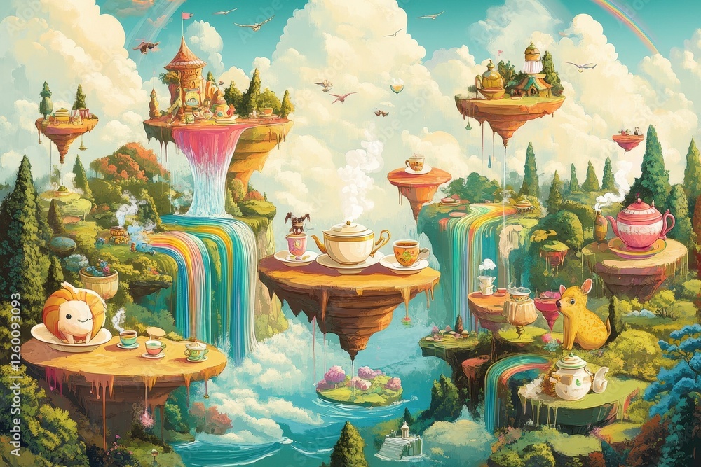 Fototapeta premium Whimsical floating islands with colorful waterfalls and animated teapots