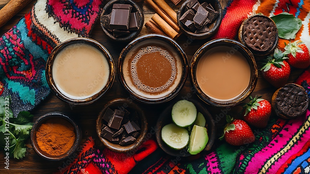 A top-down view of a beautifully styled Atole setup, with different flavors including vanilla, chocolate (champurrado), and strawberry, surrounded by traditional Mexican ingredients and textiles, A top-down view of a beautifully styled Atole setup, with different flavors including vanilla, chocolate (champurrado), and strawberry, surrounded by traditional Mexican ingredients and textiles,