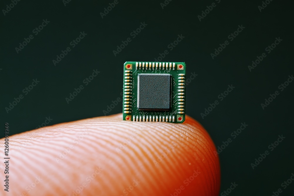 macro close-up of a tiny microchip balanced on the tip of a human finger