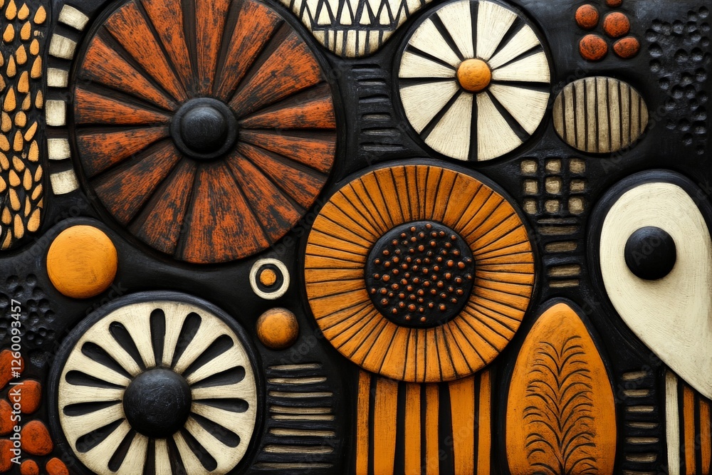 Colorful abstract wall art featuring textured circular patterns in warm tones Colorful abstract wall art featuring textured circular patterns in warm tones
