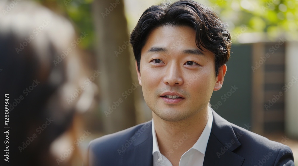 Man in Suit Speaks Outdoors in Sunlight Man in Suit Speaks Outdoors in Sunlight