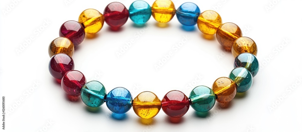 Colorful handmade beaded bracelet in hues of red, blue, and yellow arranged in a circular shape on white background with top view perspective Colorful handmade beaded bracelet in hues of red, blue, and yellow arranged in a circular shape on white background with top view perspective