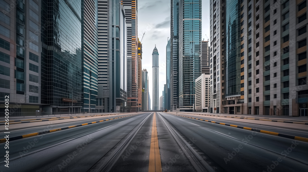 Modern high-rise buildings on both sides of the frame, sleek gla