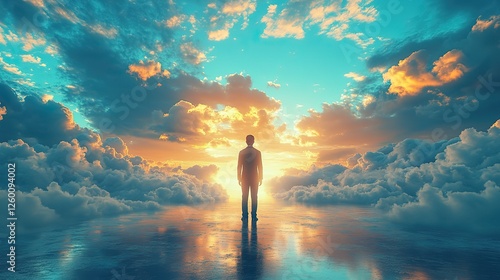facing my faith businessman standing in front of the sky with clouds 3d rendering