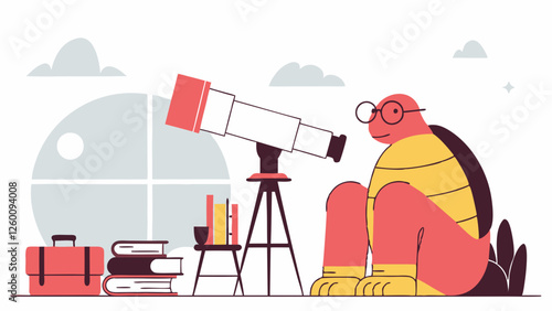 A charming illustration of a wise turtle wearing glasses, observing the stars with a telescope. The minimal design, soft colors, and whimsical details create a peaceful and imaginative stargazing scen