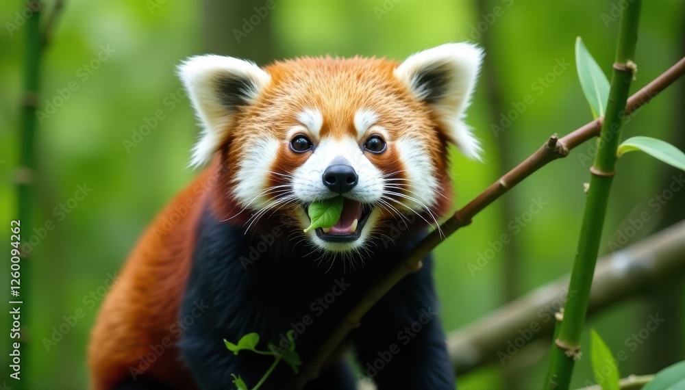 Fototapeta premium Red panda munching on bamboo shoots, lush green background, wildlife photography, nature, food