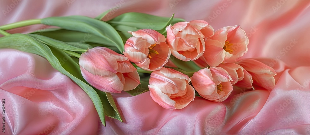 Bouquet of delicate pink tulips arranged on soft pink satin fabric with lush green leaves creating a serene and elegant floral display. Bouquet of delicate pink tulips arranged on soft pink satin fabric with lush green leaves creating a serene and elegant floral display.