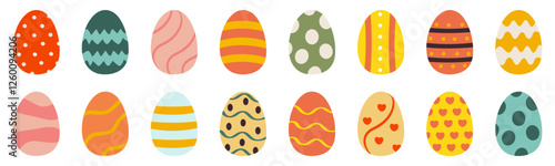 A festive set of beautifully decorated Easter eggs in various colors and patterns. This bright and joyful collection is great for holiday designs, greeting cards, kids' projects, and seasonal decor.