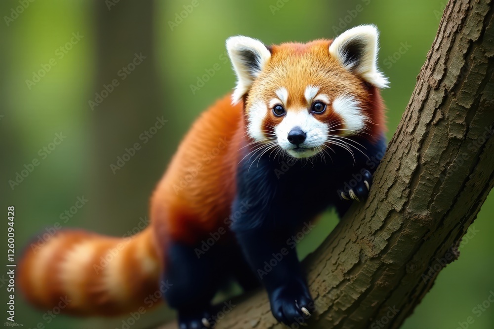 Red panda skillfully maneuvers up tree, bushy tail swaying, woodland, arboreal, wild animal Red panda skillfully maneuvers up tree, bushy tail swaying, woodland, arboreal, wild animal