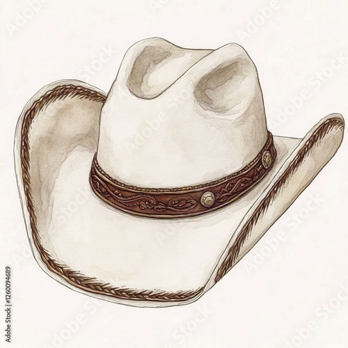 Detailed illustration of a classic white cowboy hat with a decorative band photo