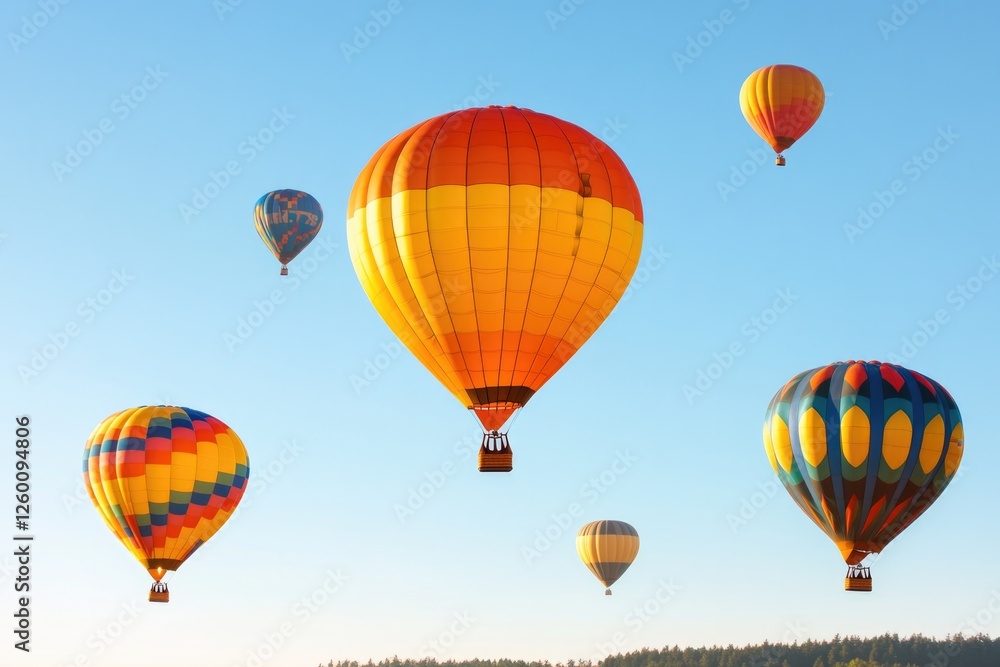 Fototapeta premium Colorful hot air balloons float gracefully in clear blue sky, cr