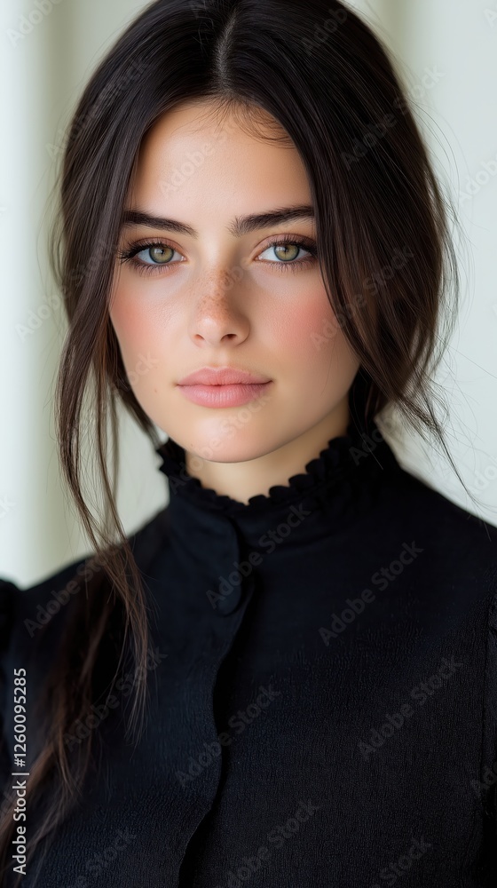 Woman with brown hair and captivating eyes posing in a stylish black outfit indoors during daylight Woman with brown hair and captivating eyes posing in a stylish black outfit indoors during daylight