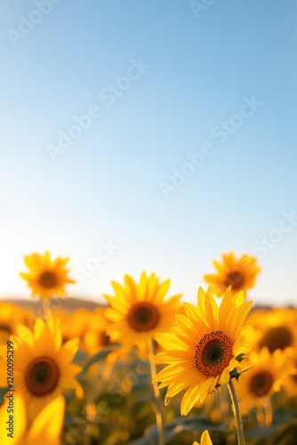 Bright sunflowers stretch towards clear blue sky, radiating warm