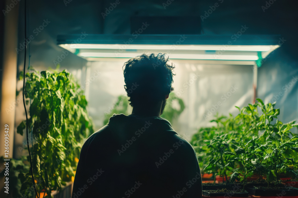 A farmer using hydroponics to grow crops indoors A farmer using hydroponics to grow crops indoors