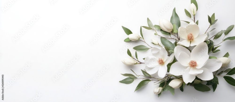 Obraz premium Magnolia flower bouquet featuring large white blossoms and green leaves, arranged elegantly on a soft white background, showcasing nature's beauty.