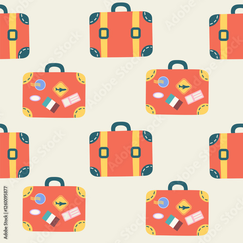 Seamless pattern of travel hand luggage in flat style