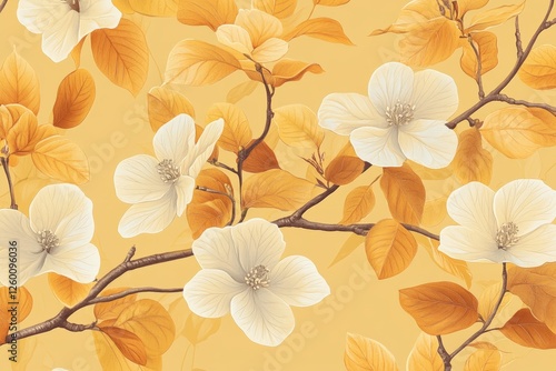 Wallpaper Mural Floral pattern with white blooms and golden leaves creating a warm atmosphere in a serene setting Torontodigital.ca