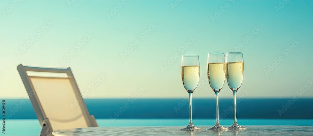 Obraz premium Three elegant champagne glasses filled with golden liquid, positioned on a white table with a serene ocean view and a light blue sky backdrop.