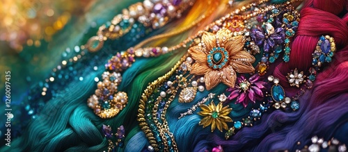 Wallpaper Mural Colorful embroidered jewelry showcasing vibrant threads in shades of green, blue, and purple adorned with sparkling gemstones and intricate floral designs. Torontodigital.ca