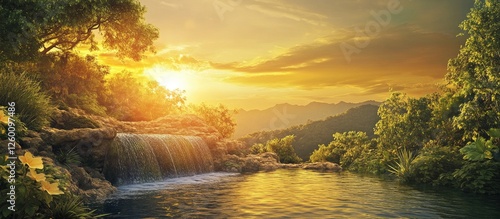 Fototapeta Naklejka Na Ścianę i Meble -  Serene sunset over a tranquil river with a cascading waterfall surrounded by lush greenery and mountains in the background under a golden sky.