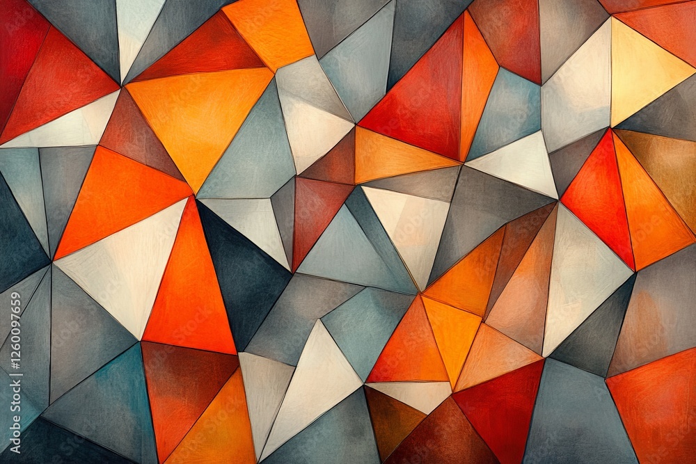 Abstract geometric pattern of triangles in warm and cool tones creating a vibrant artwork Abstract geometric pattern of triangles in warm and cool tones creating a vibrant artwork