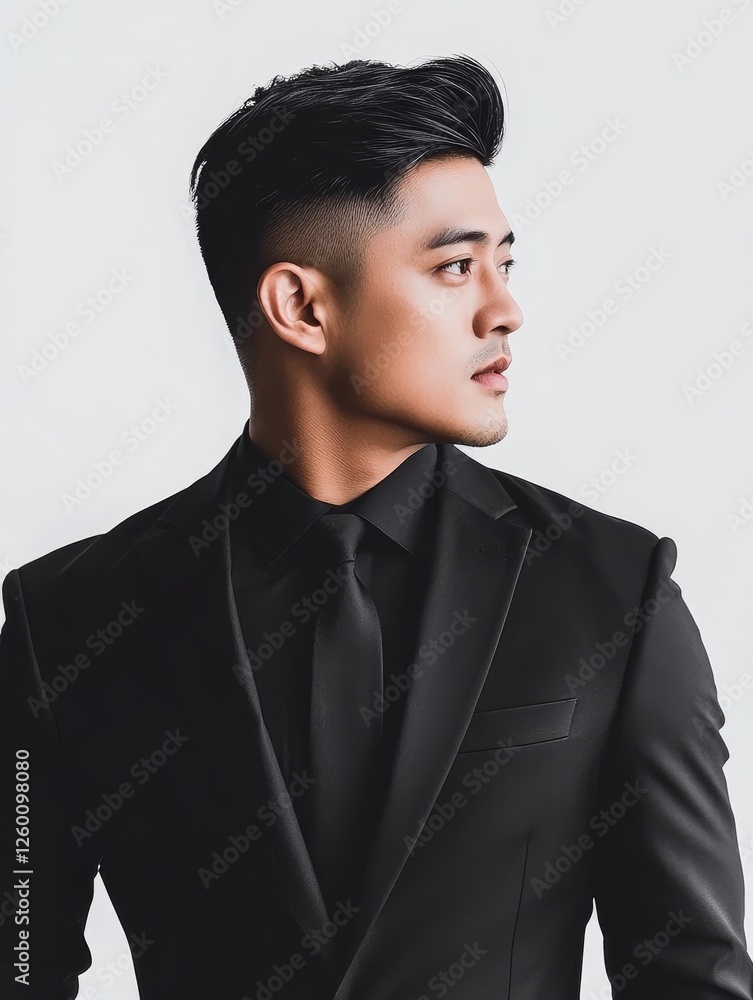 Stylish young man in a black suit poses confidently against a plain background, exuding elegance Stylish young man in a black suit poses confidently against a plain background, exuding elegance