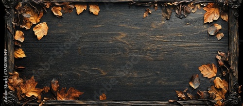Autumn leaf frame on dark wooden background with orange and brown leaves positioned around edges creating ample copy space at center top view